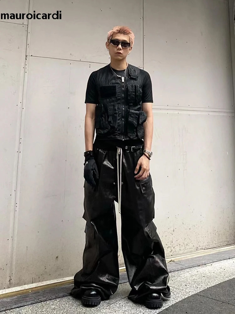Mauroicardi Spring Autumn Cool Black Shiny Reflective Pu Leather Wide Leg Pants for Men Drawstring Waist Mens ner Clothes 240904