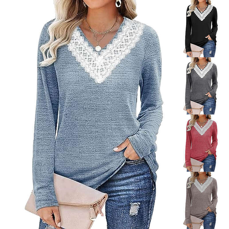 2024 Autumn/Winter New Solid V-Neck Loose Relaxed Long Sleeve T-shirt Top Womens Wear