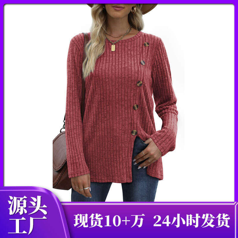 Button up women new fashionable autumn casual solid color long sleeved T-shirt for women