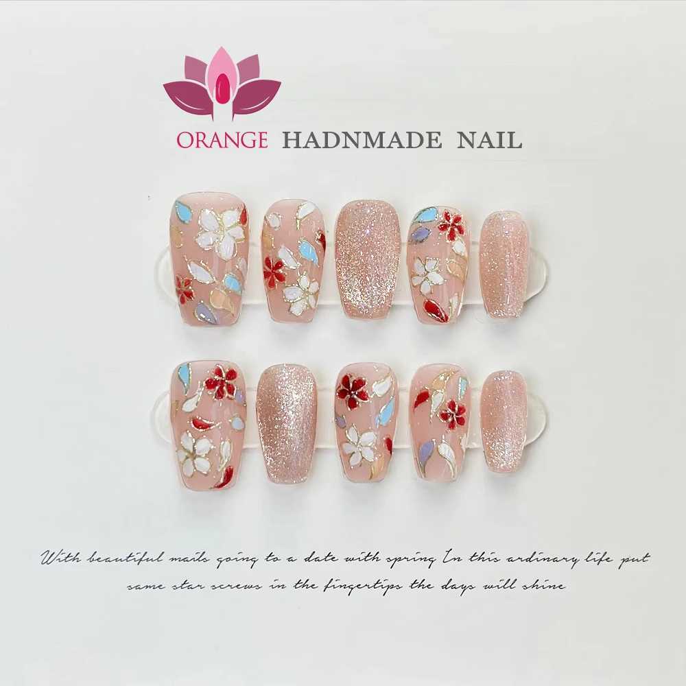 Hand pressed fingernail flower hand-painted design reusable fake nails artificial ergonomics wearable orange nail store W240905