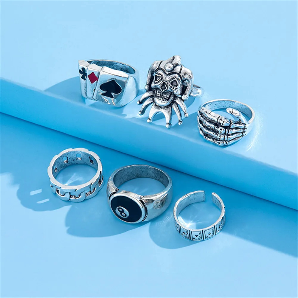 6 pieces of punk poker clown silver ring mens gothic skeleton billiards set couple emoticons fashion jewelry gift 240905