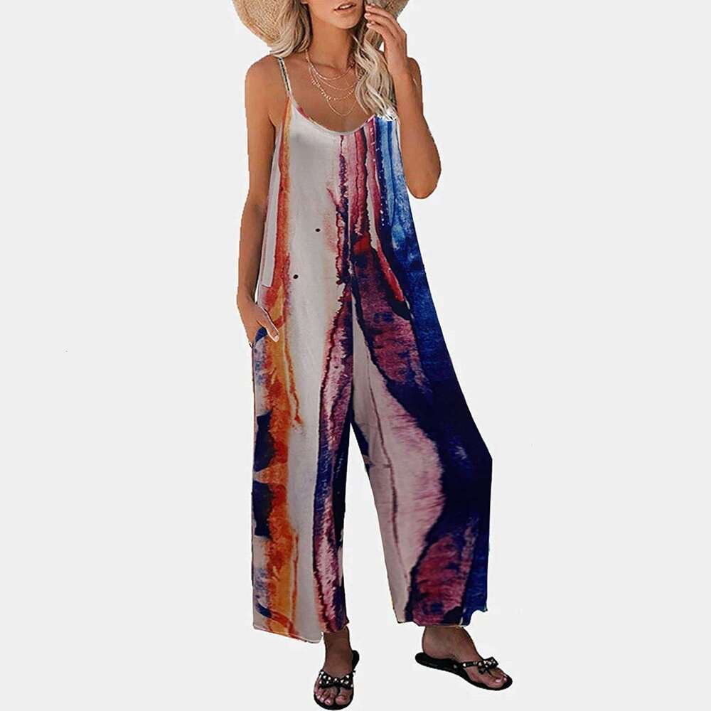 2023 Summer New Strap Women's Printed Pocket Casual Jumpsuit