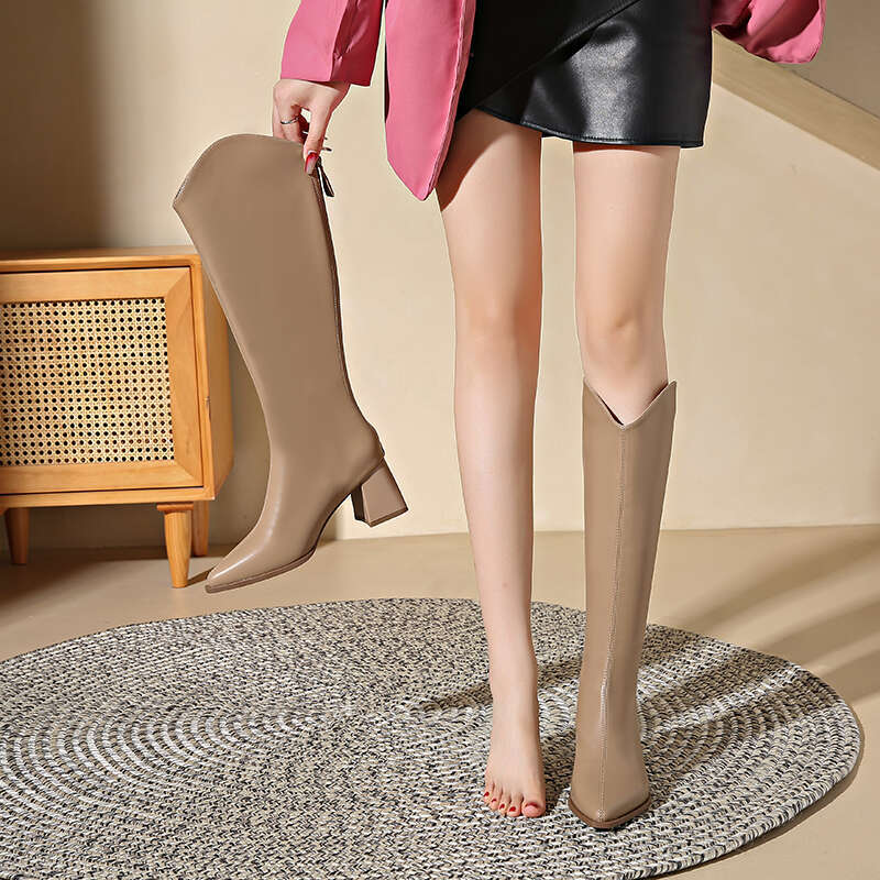 Autumn Winter Keep Warm Fur Women Knee High Boots Fashion Pointed Toe Shoes Thick Heel Ladies Knight Long Booties