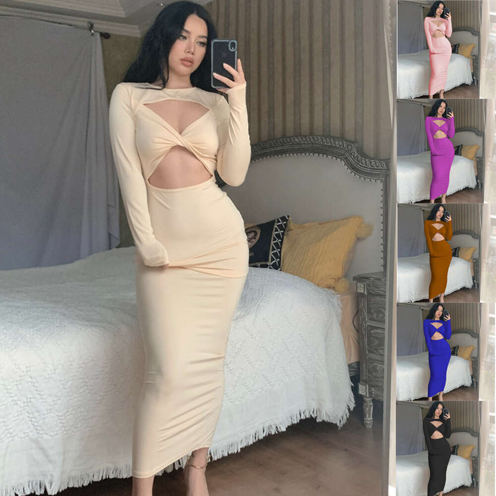2023 style new autumn solid color hollow sexy slim fit long sleeved dress for women