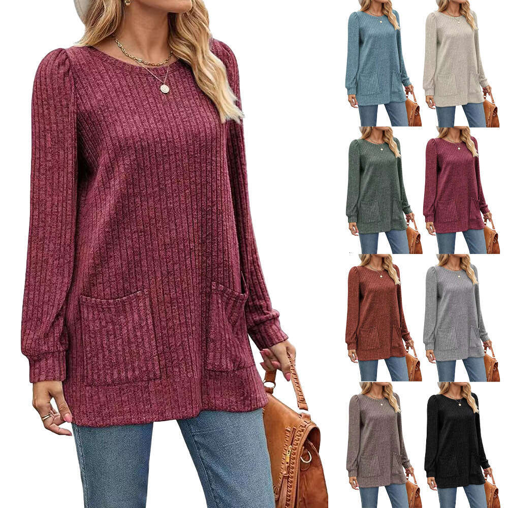 2024 Autumn/Winter New Pocket Top Loose Casual Bubble Sleeve T-shirt for Women