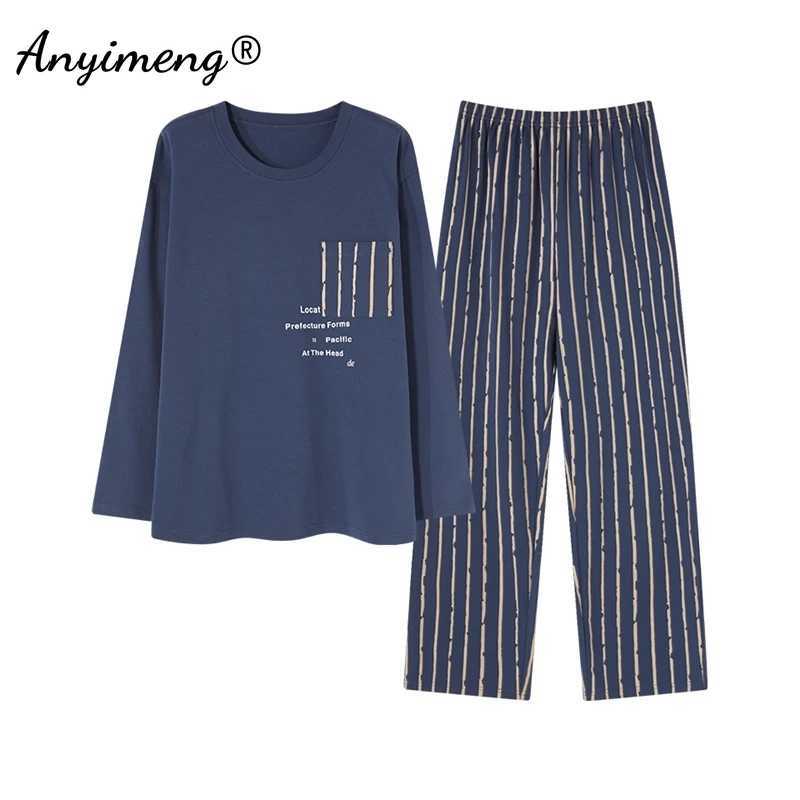 Autumn Winter L-3XL Leisure Men Pajamas Faux Cotton Fashion Round Collar Pajama Sets Long Sleeves Pijamas Gentleman Sleepwear Y240906