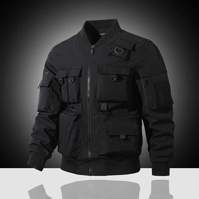 Mens jacket Spring and Autumn loose casual top Functional multi pocket work jacket Flying jacket Motorcycle tactical jacket Y240906