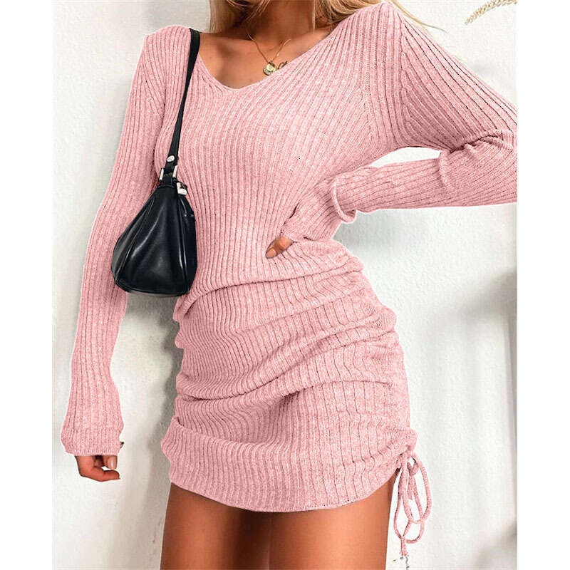 2023 Knitted Sweater V-neck Long Sleeve Autumn/Winter Sexy Slim Fit Threaded with Wrinkle Drawstring Bottom Skirt