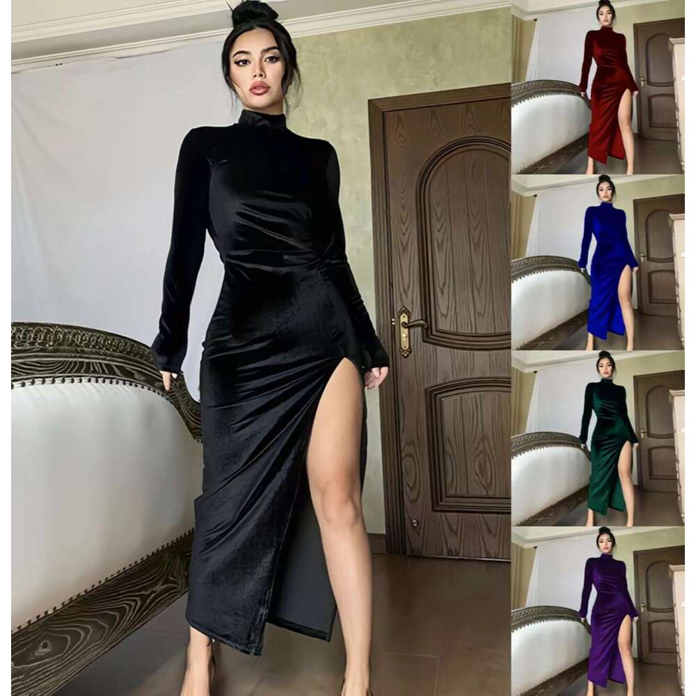 2023 Women's Fashion Autumn and Winter High Neck Velvet Long Slim Fit Pleated Split Dress