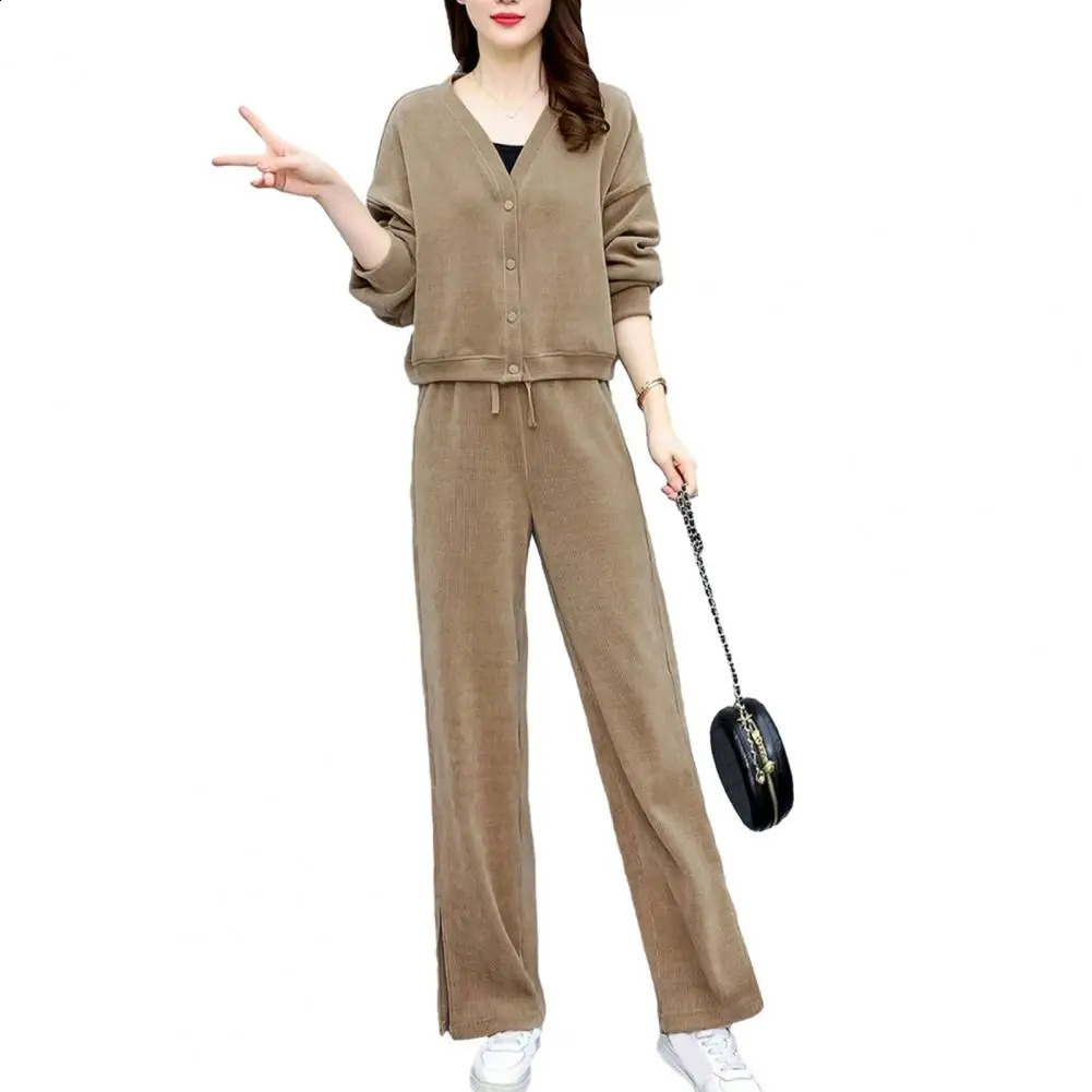 Casual two-piece elastic waist pants set for womens winter cardigan pants set single breasted jacket wide legs suitable for autumn 240903