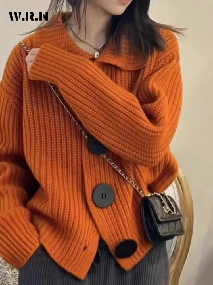 Autumn Korean Retro Fashion Single Chest Sweater Womens Casual Knitted Solid Jumper Long Sleeve Pocket Cardigan 240905