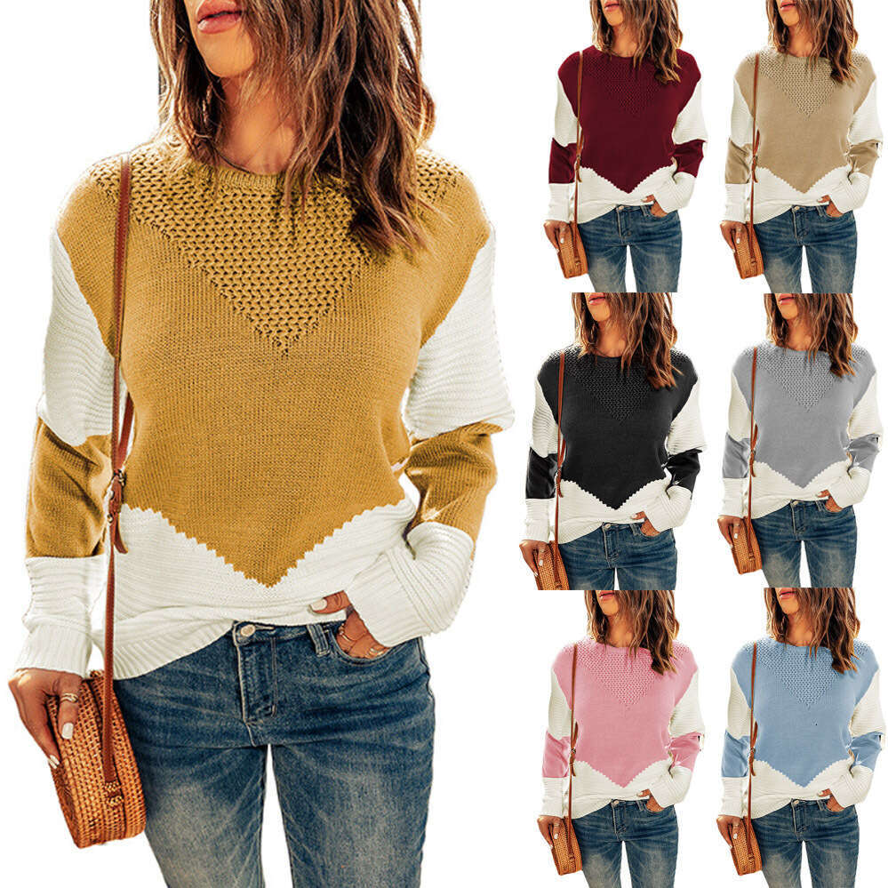 Knitted top women's autumn and winter clothing new round neck contrasting base pullover sweater