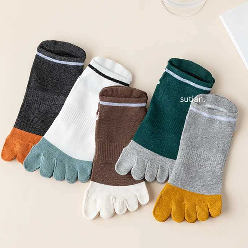 5 Pairs Man Toe Boat Socks Summer Cotton Mesh Breathable Sweat-Absorbing Patchwork Striped Elastic Ankle 5 Finger Sport Socks Y240906