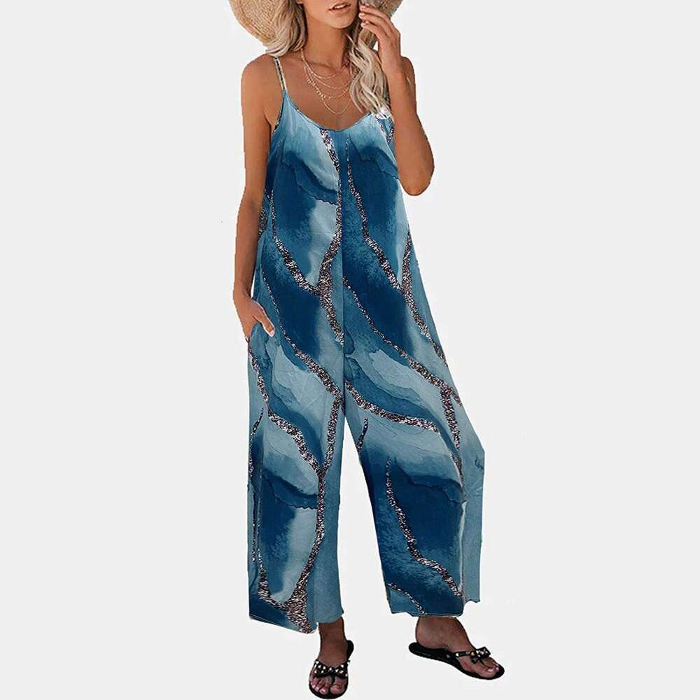 2023 Summer New Strap Women's Printed Pocket Casual Jumpsuit