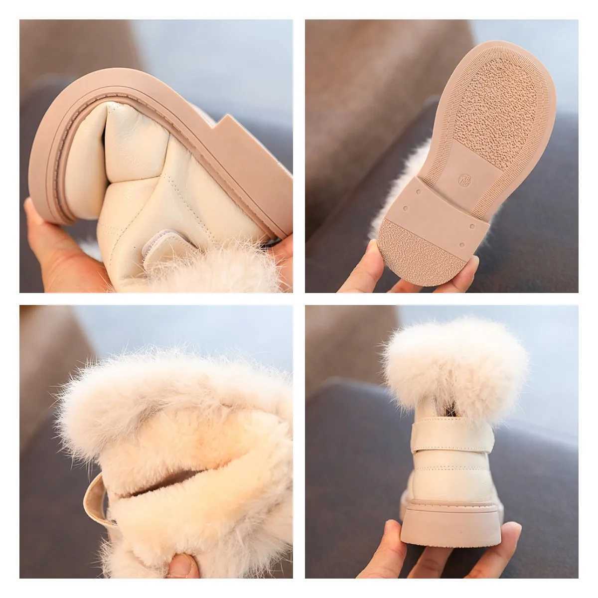 Winter Warm Snow Boots Toddler Fashion Soft Leather Waterproof Shoes Girls Cute Rabbit Fur Ankle Boots Botas Femininas Infantil M240906