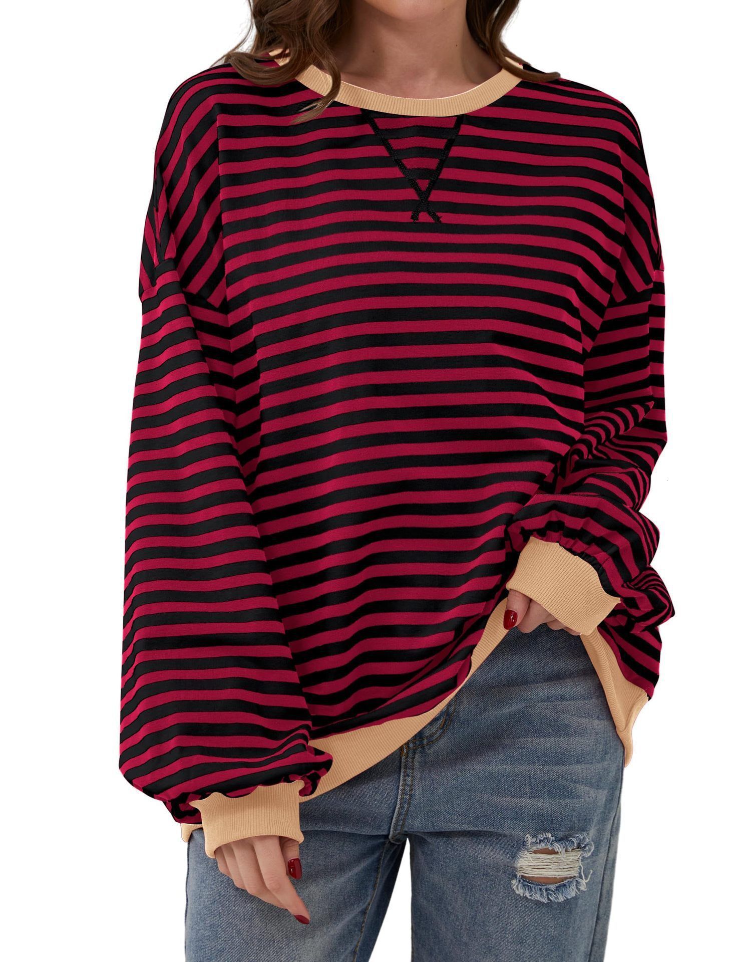 designer tshirt 2024 spring simple home cross border leisure new striped pattern round neck trendy long sleeve hooded color blocked tshirt