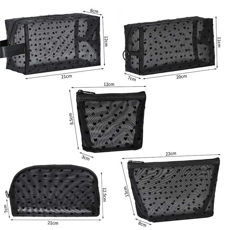 Love Print Black Mesh Cosmetic Bag Portable Toilet Organizer Cosmetic Bag Multi functional Transparent Female lipstick Storage Bag W250109
