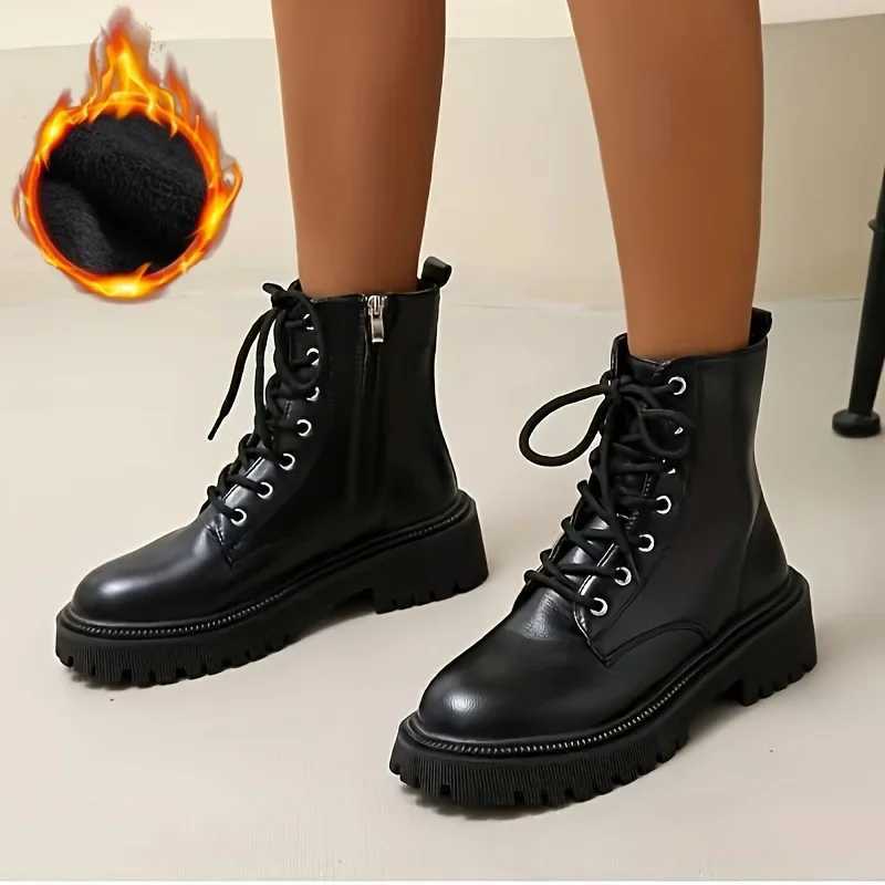 Womens Platform Boots Short Plush Solid Color Lace Side Zipper Ankle Boots Winter Womens Shoes 2024 Large 42 Womens Shoes CL240906