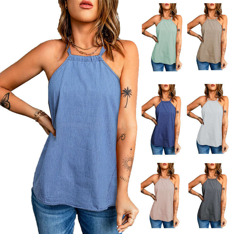 2024 Summer Casual Strap New Solid Color Hanging Neck Loose Bottom Women's Small Tank Top