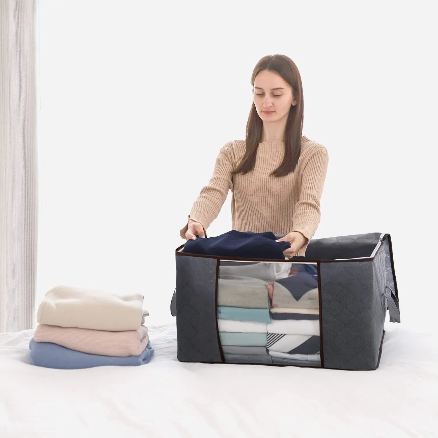3pcs 6pcs Large Capacity Clothes Storage Bag Organizer With Reinforced Handle For Blanket Comforters Bed Sheets Pillows Toy 240906
