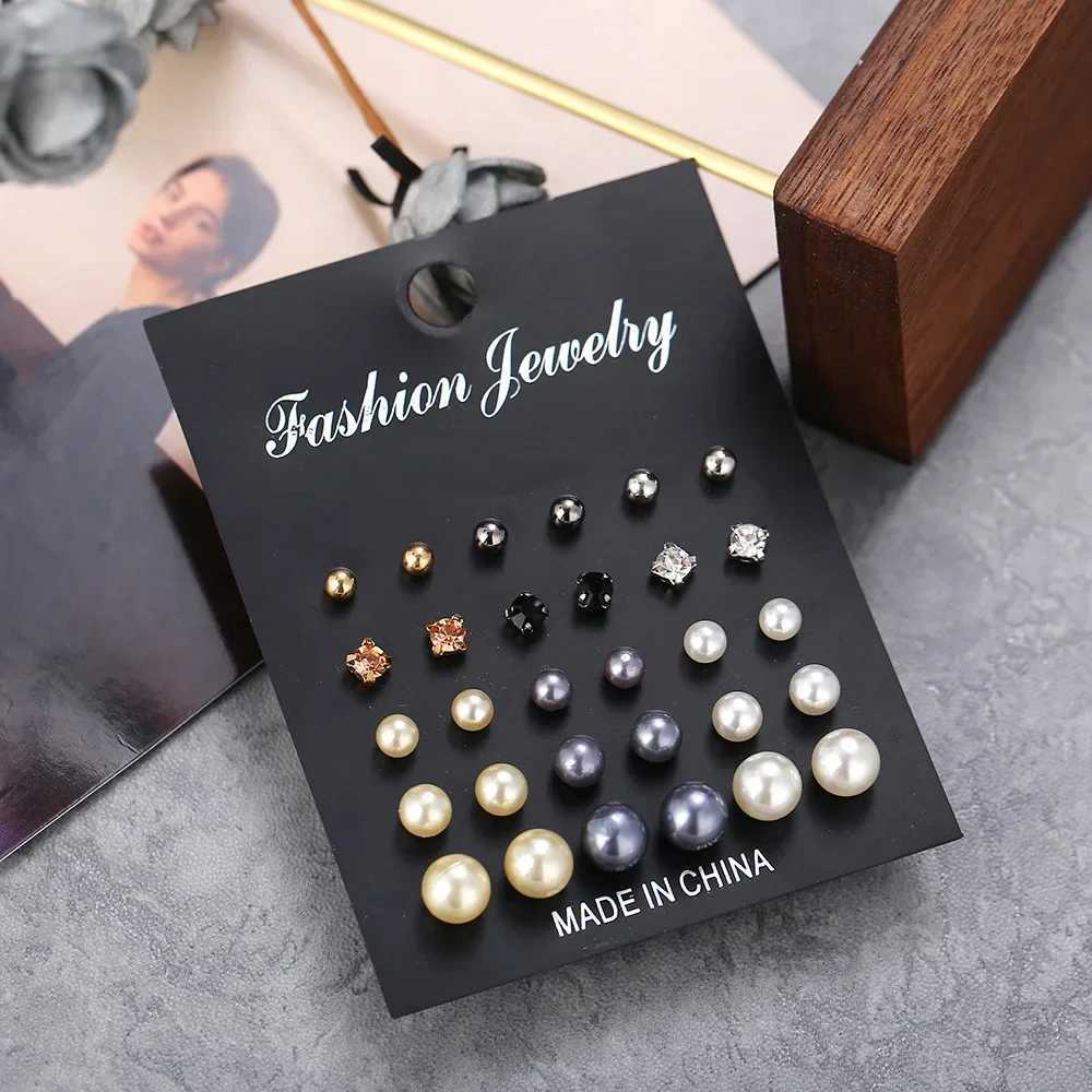 30Pcs/24Pcs Stud Earrings Simple Geometric Six Crystal Zircon Earrings Set Retro Temperature Pearl Earrings W240803
