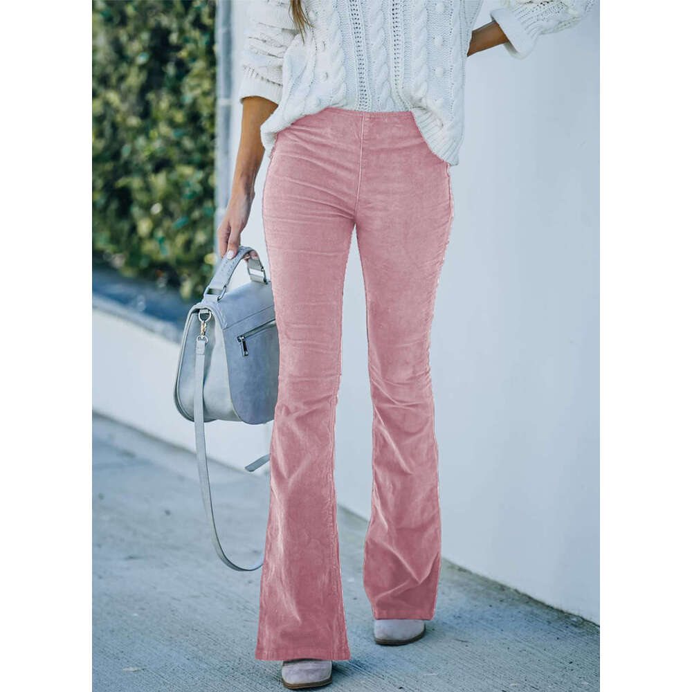 2024 Spring/Summer Women's Solid Color High Slim Fit Micro Flare Corduroy Elastic Waist Casual Pants