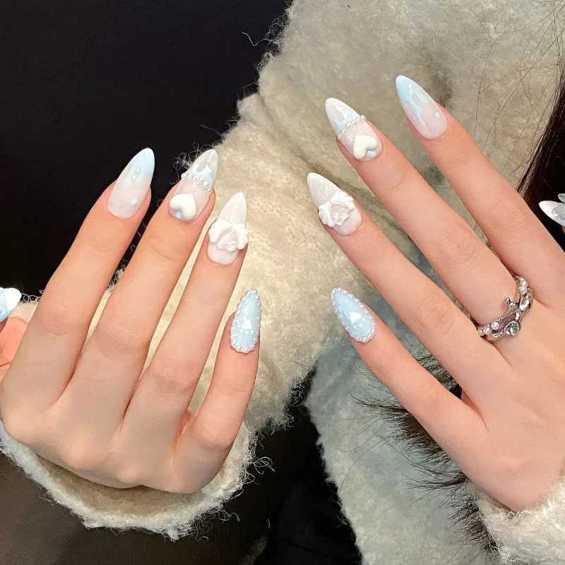 10 pieces of blue glossy full cover press French almond nail tips pearl heart bow decoration suitable for girls nail art decoration W240905