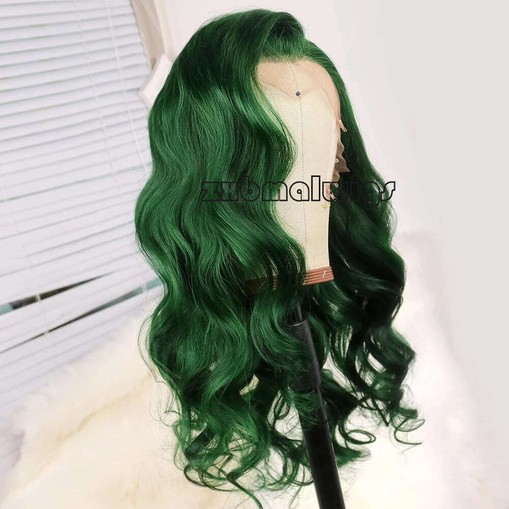 Dark Green Body Wave Transparent Frontal Long Lace Front Wig Synthetic Hair Pre Plucked Wigs For Black Women