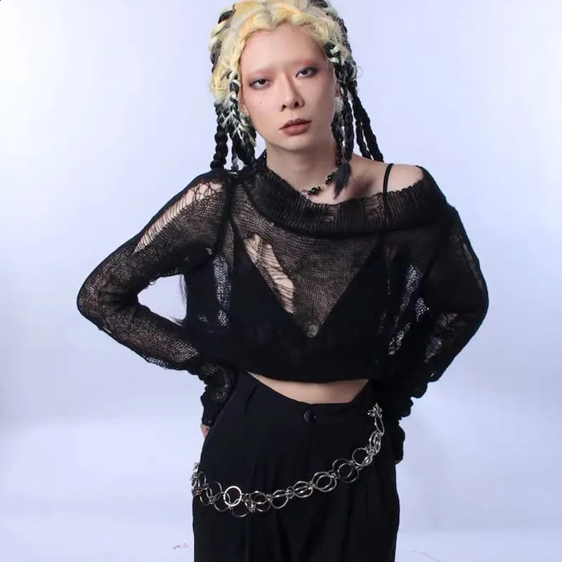 Karrcat Grunge Aesthetics Distressed Pullover Cyber Y2k Knitted Jumper Wilderness Punk Style Vacant Sweater Hole Broken Gothic 240904