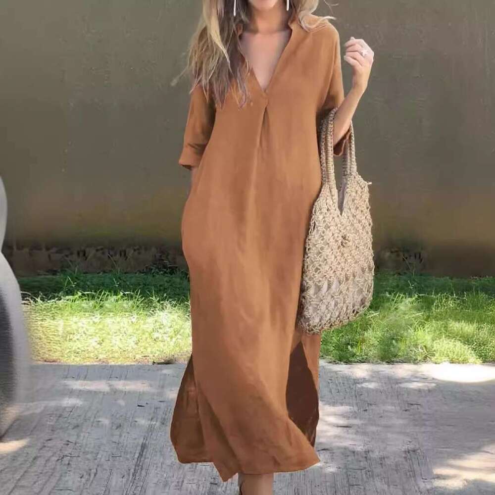 2024 Women's Summer Side slit Pocket V-neck 7-inch Sleeve Chest Crimson Dress