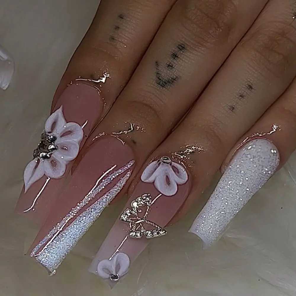 Long ballet dancer fake nails purple butterfly nails pointed fake nails womens fashion French detachable full cover pressed nails W240905