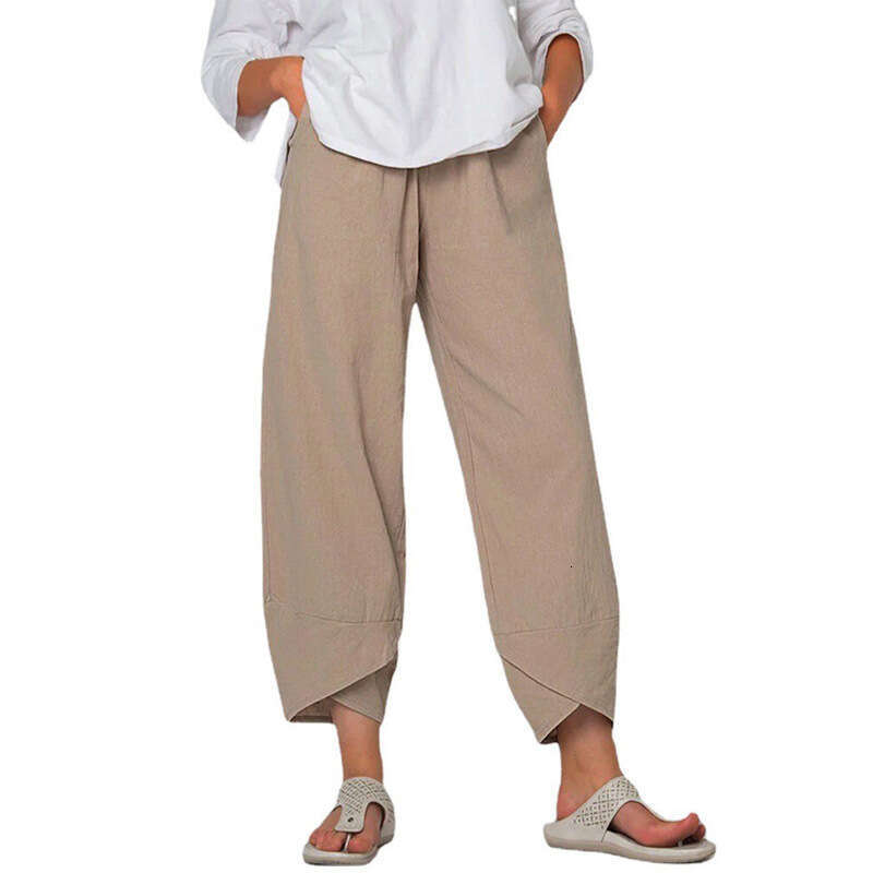 2024 Spring/Summer New Women's Cotton and Hemp Wide Leg Solid Color Large Size High Waist Loose Casual Nine Cent Pants for Women