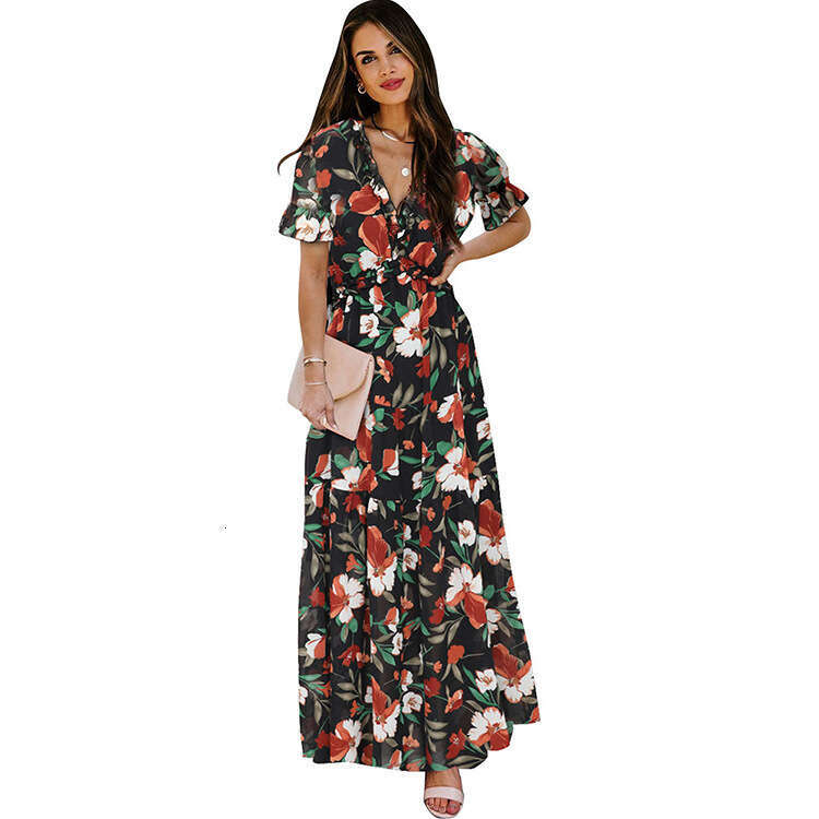 Printed short sleeved dress women's summer new V-neck with waistband for slimming and loose fitting long skirt