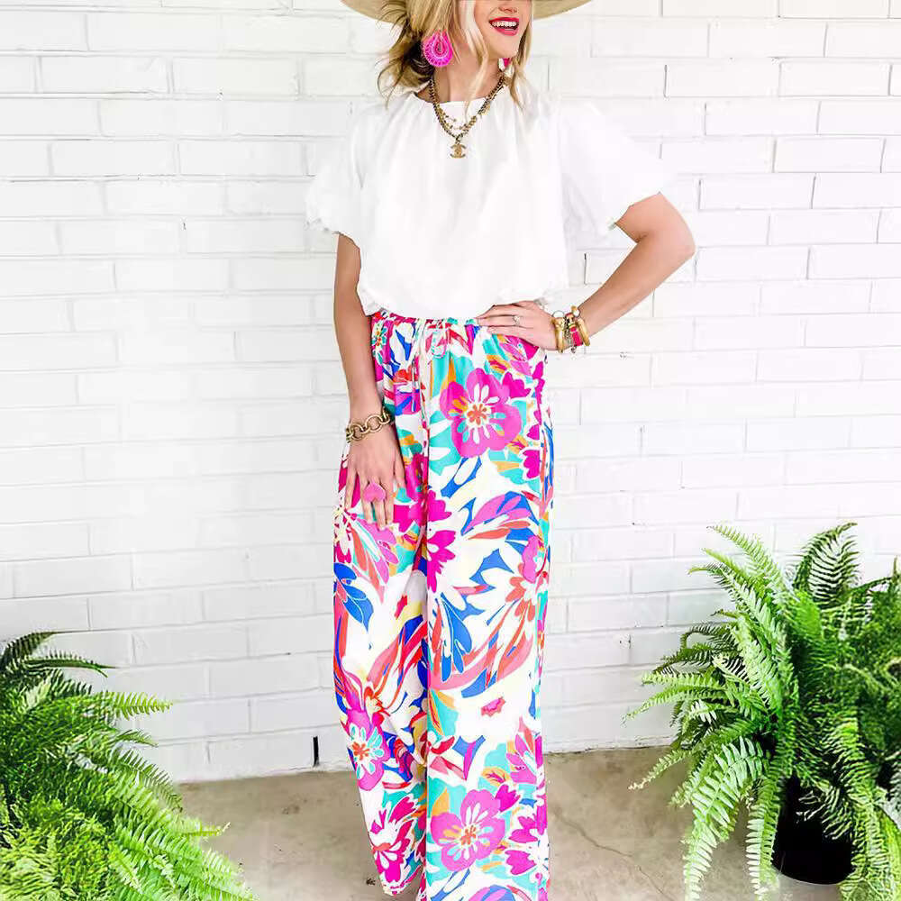 2024 Spring and Autumn New Flower Printed Wide Women, Casual Loose, Meat Covering Straight Leg Pants for Women