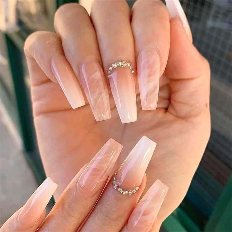 24 rectangular fake nails simple white French fake nails wearable ballet coffin full set of nail tips ABS pressed on nails W240905