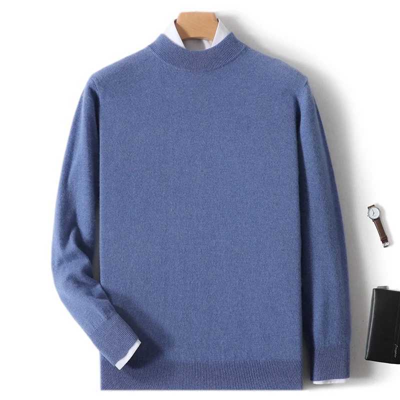 Essential mens 100% wool warm pullover sweater for autumn and winter double layered semi high neck basic seamless sweater Y240906