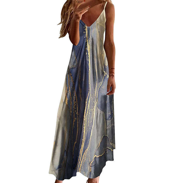 2023 Women's Summer V-neck Sexy A Edition Positioning Printed Long Loose Large Strap Dress