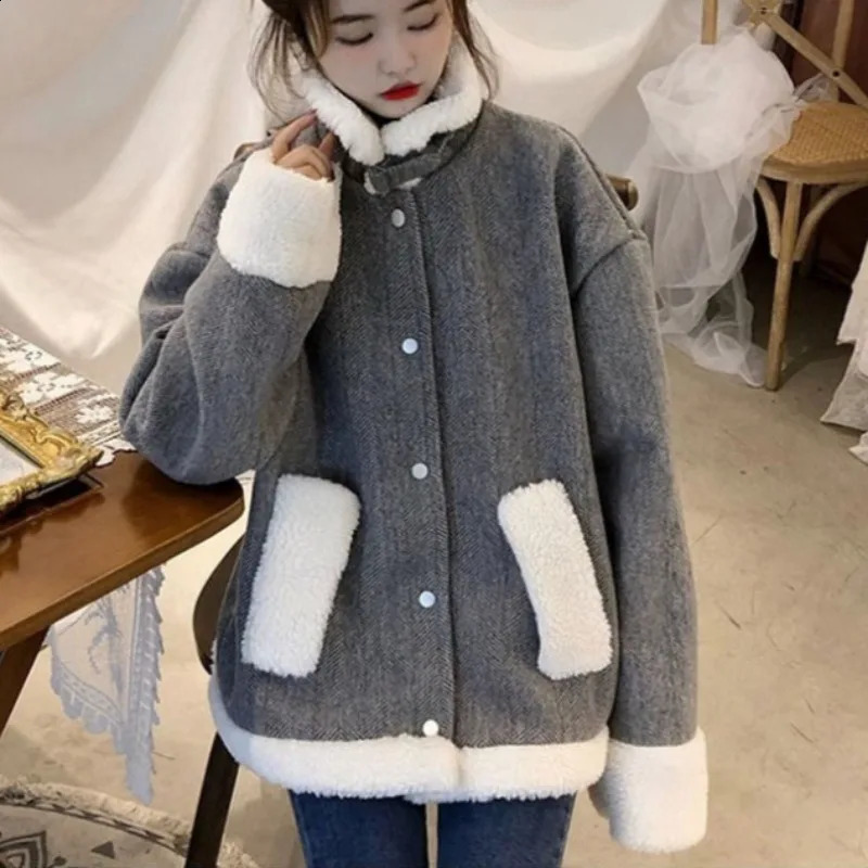 Wool jacket pocket button womens fashion lapel loose long sleeved wool autumn and winter 240905