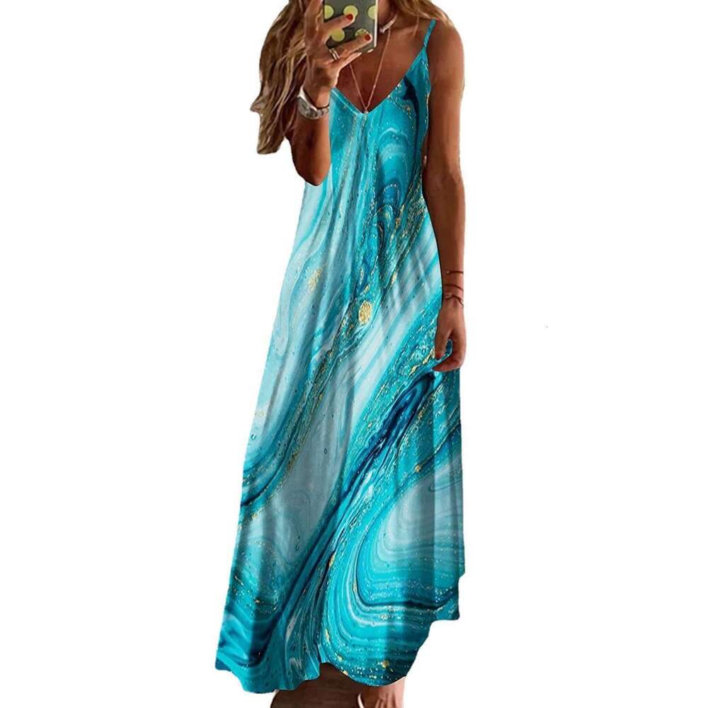 2023 Women's Summer V-neck Sexy A Edition Positioning Printed Long Loose Large Strap Dress