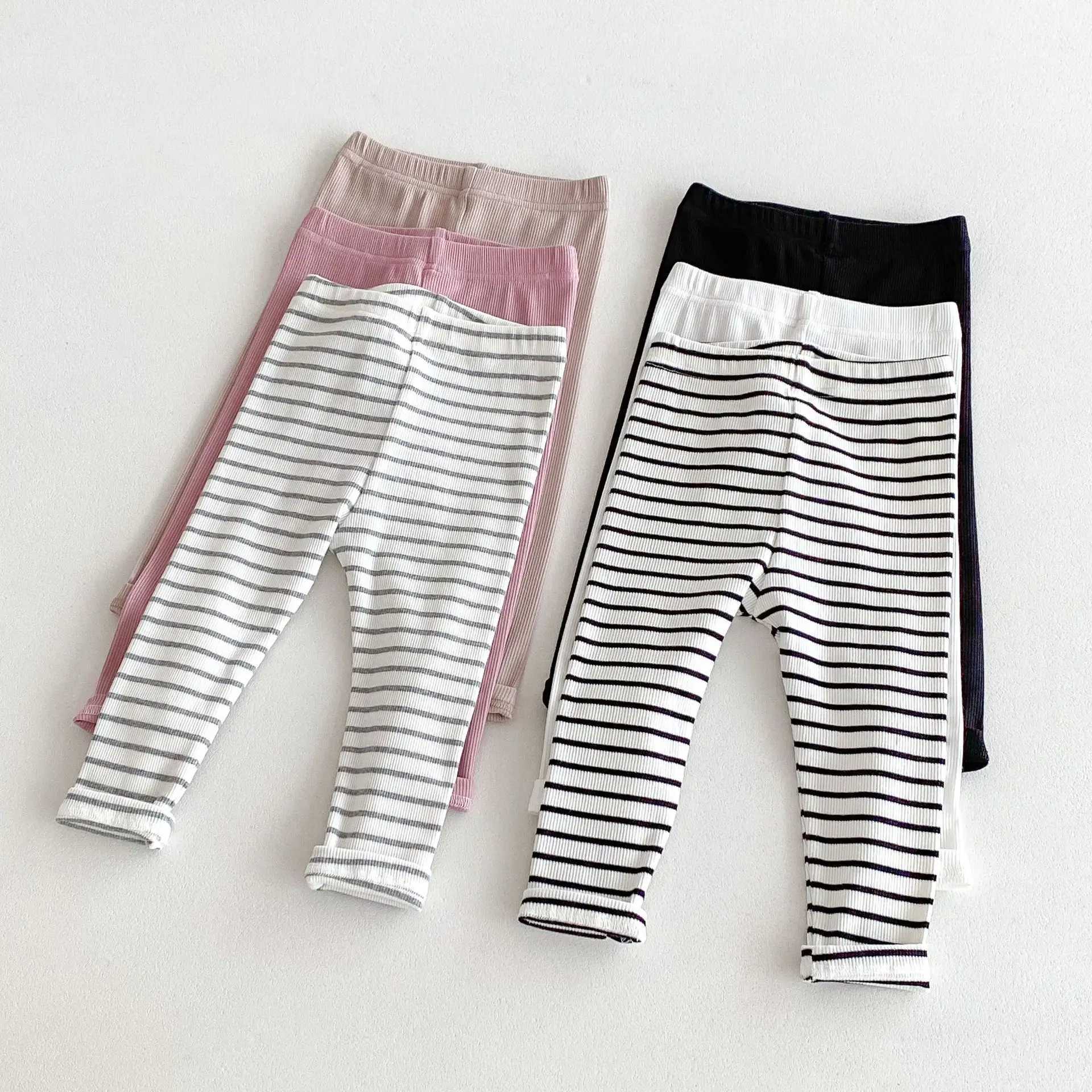 2024 Autumn New Children Solid Leggings Kids Tights Boys Girls Cotton Stretch Pants Striped Toddler Casual Versatile Trousers Y240906