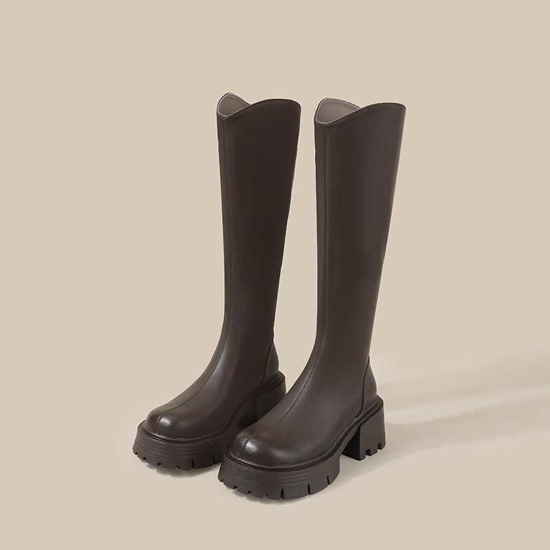 Thick Soled Brown Long Martin Boots Tube Boots For Women Autumn Winter Look Fashion Boots Slim And Elastic V-neck Long Boots High Tube Knight Boots 24