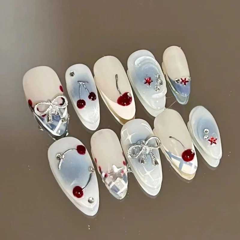 10 pieces of white butterfly handmade almond pressed nail ballet rhinestone fully covered French fake nails handmade wearable nail tips W240905