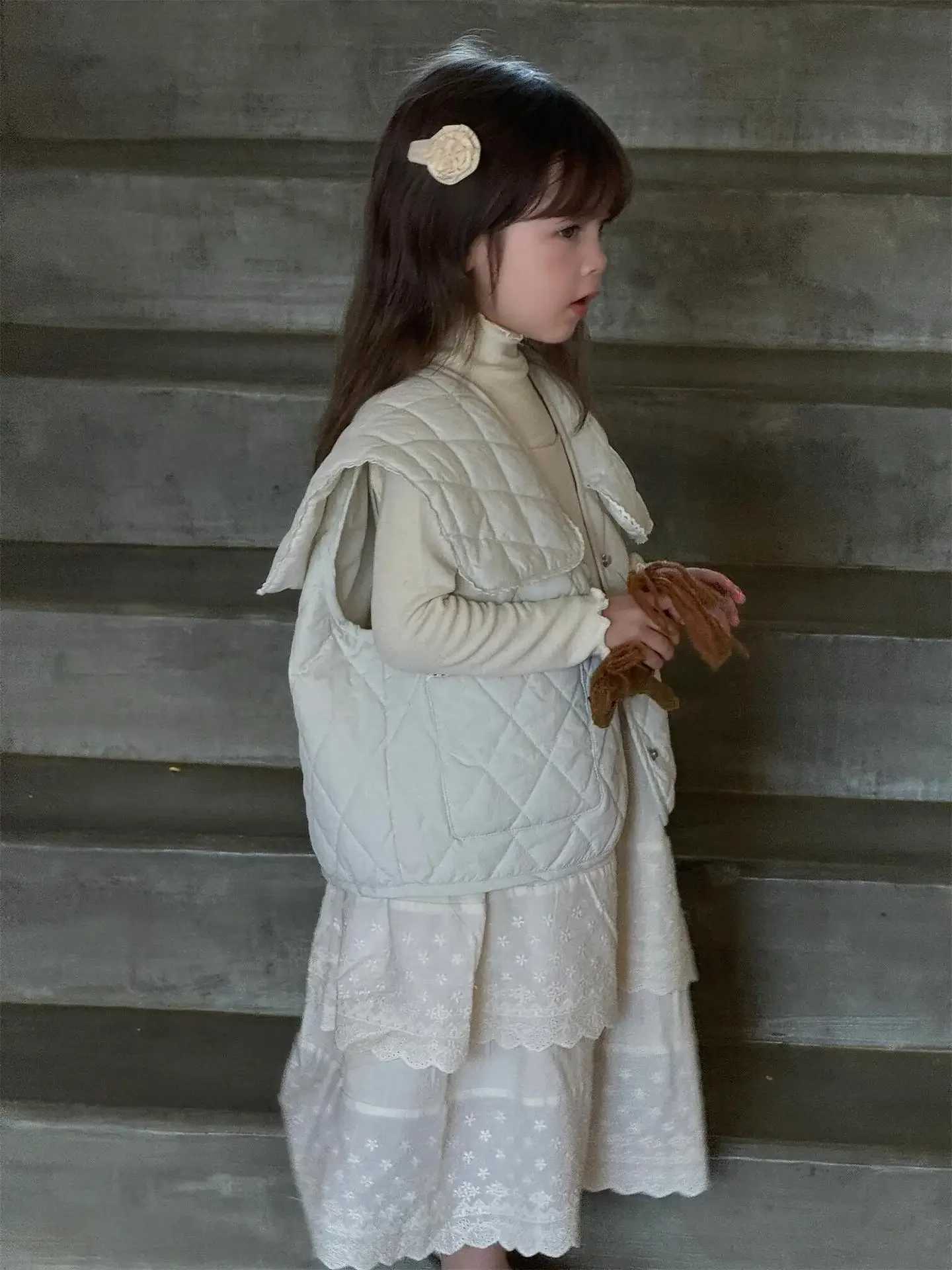 Coat Korean Childrens Clothing Autumn New Girl Vest Solid Color Light Thin Cotton Turn Collar Sleeveless Loose 2024 Y240906