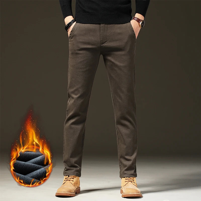 clothing winter wool warm casual pants mens cotton elastic waist brown gray diagonal work ultrathin flocking goods 240905