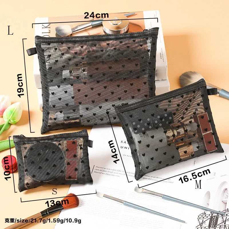 Love Heart Mesh Fashion Makeup Bag Suitable for Girls Laundry Toilet Organizer Makeup Bag Transparent Womens Lipstick Storage Bag W240905