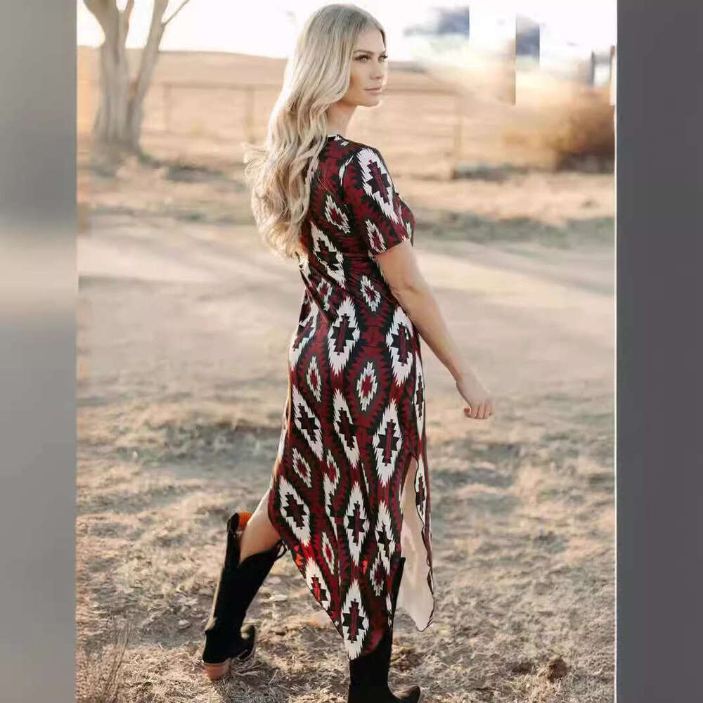 2024 Summer Diamond Step Women's Casual V-neck Hoodie Short Sleeve Home Long Dress