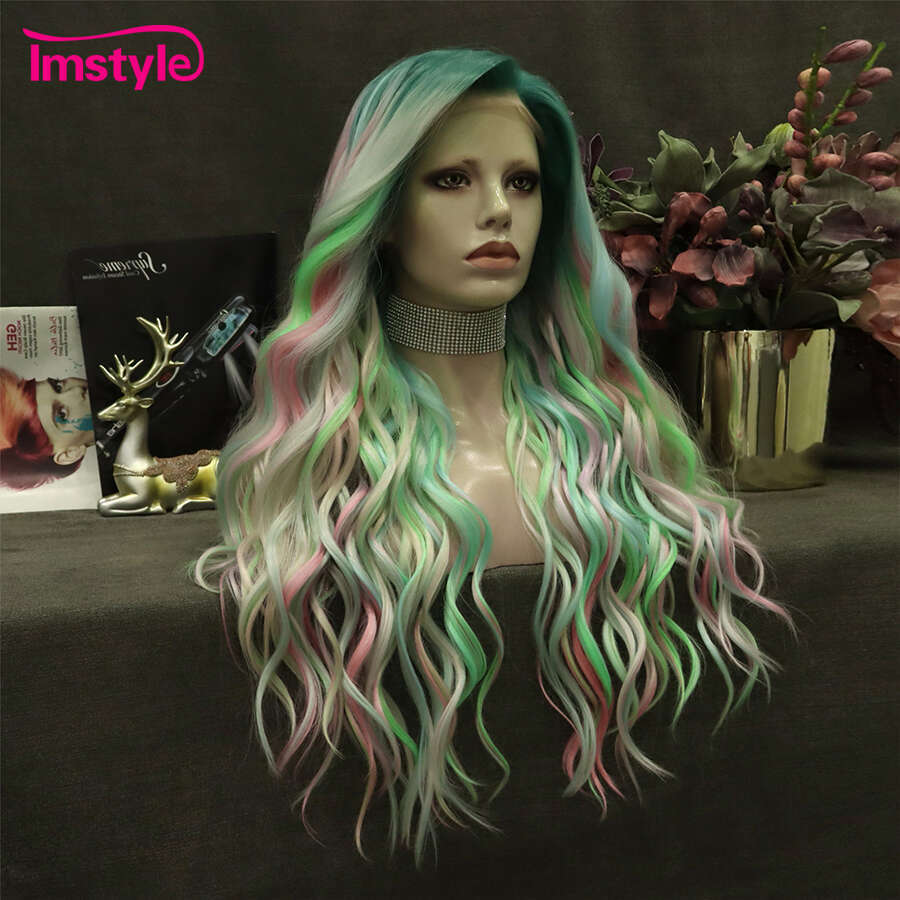 Imstyle Colorful Synthetic Lace Front Multicolor Long Wigs Natural Wavy Heat Resistant Green Pink Cosplay Wig For Women