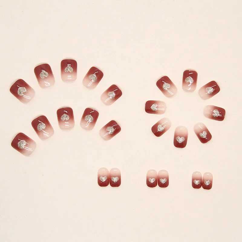 Heallor Gold Dust Love Wearable Pink Pressing Fake Nail Tip with Adhesive Fake Nail Design Butterfly Cute Girl Fake Nail W240905