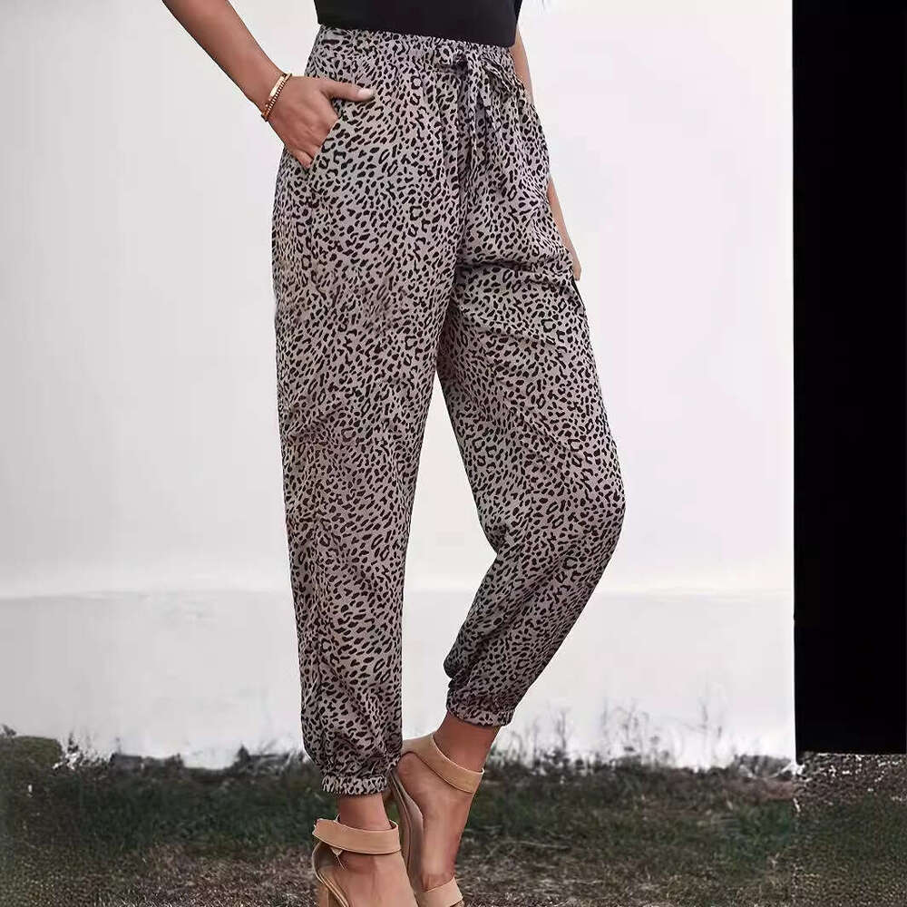 Leopard print casual pants women, high waisted slimming, loose and elastic fit, small ankle sports sweatpants for women