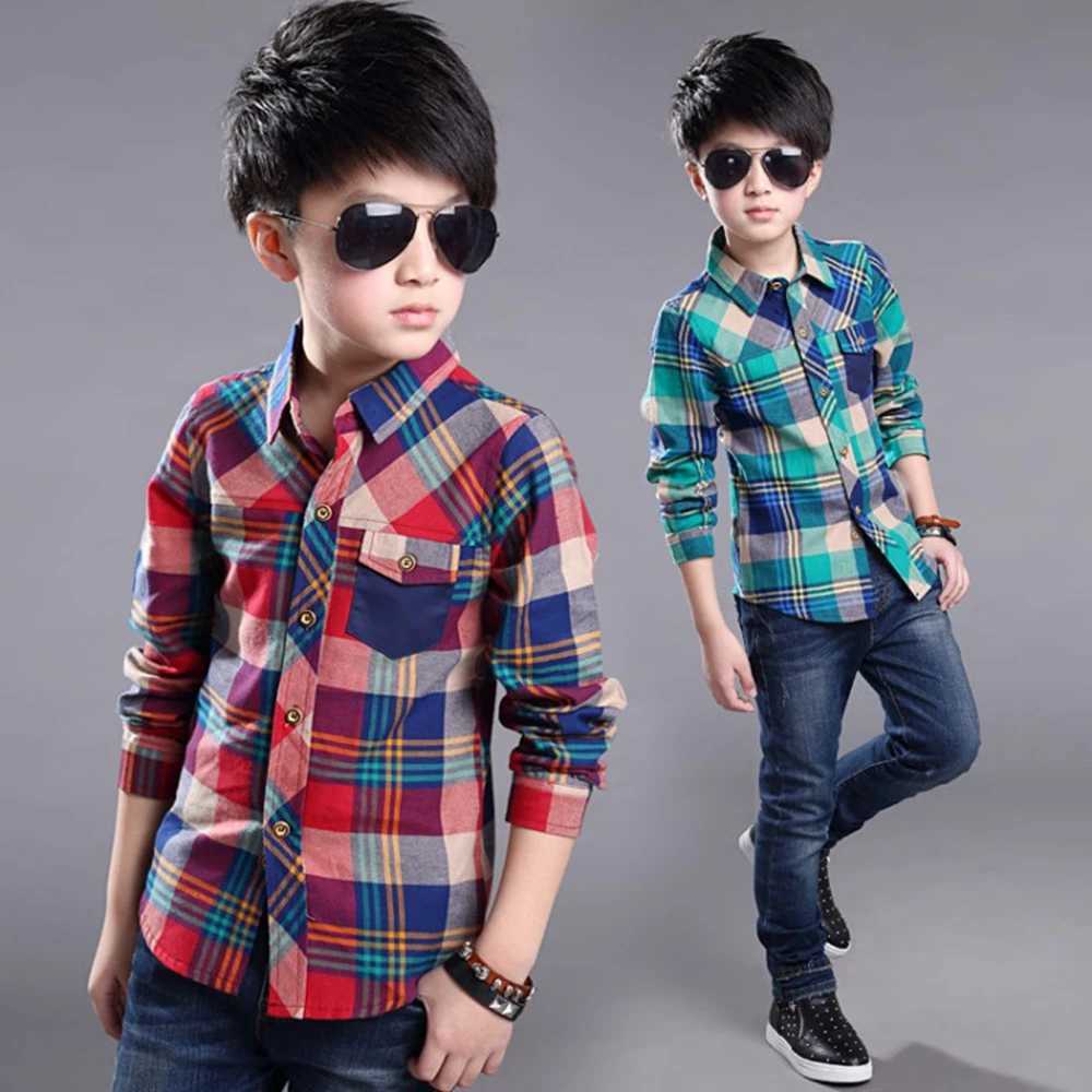 2023 Fashion Teenager Boys Shirt Kids Cotton Boys Plaid Shirts Long Sleeve England School Trend Children Clothes 9 10 12 14 15Y Y240906